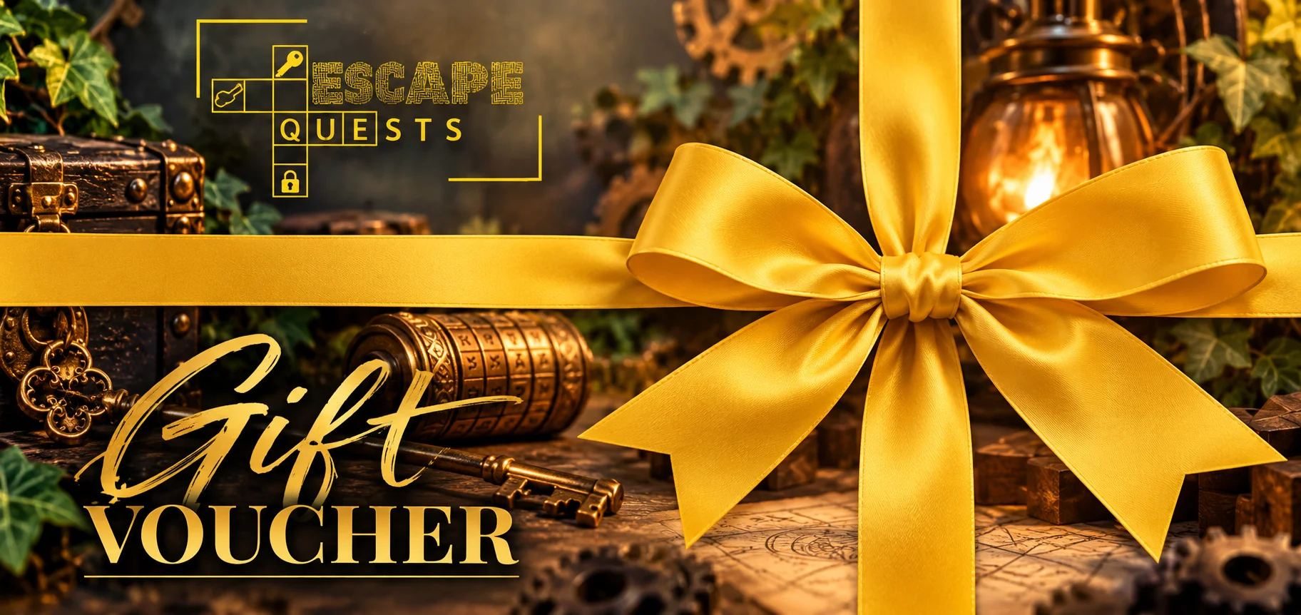 Escape Quests gift voucher with a golden ribbon, treasure chest and puzzle clues